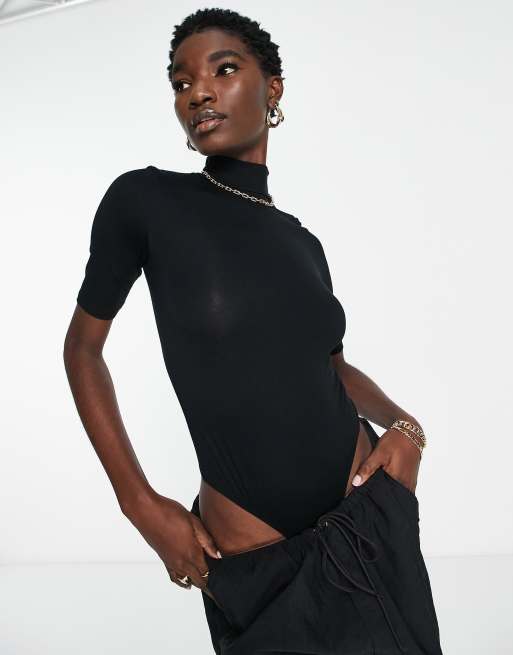 ASOS DESIGN - Sort bodystocking med høj hals og 3/4 ærmer