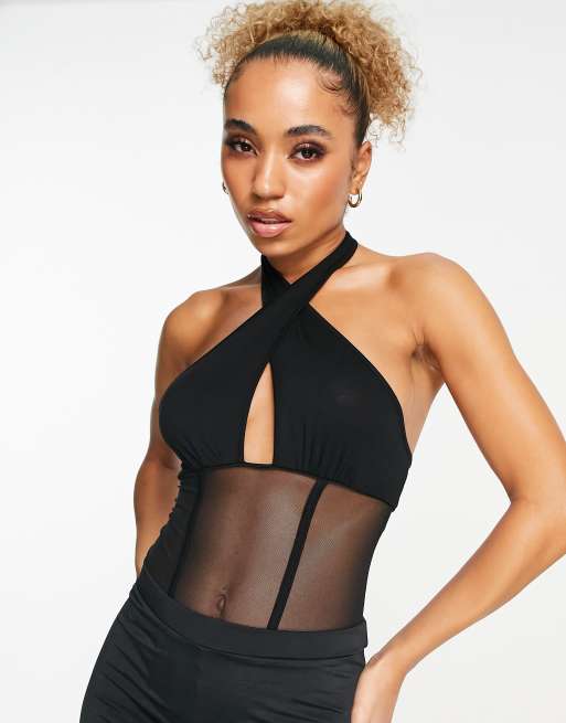 ASOS DESIGN - Sort bodystocking med krydset hals og korset-detalje i mesh