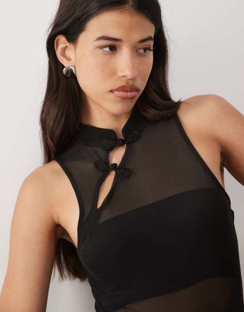 ASOS DESIGN - Sort bodystocking med rouleau-løkkedetaljer i gennemsigtigt mesh - view 1