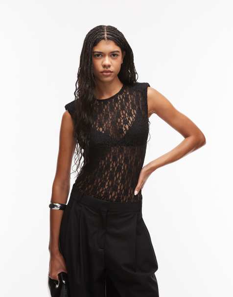 ASOS DESIGN - Sort bodystocking med skulderpuder i gennemsigtigt blondestof - view 1