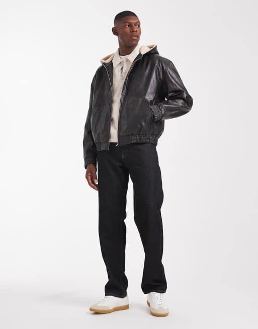 ASOS DESIGN - Sort bomber-jakke i imiteret læder med hætte med for i imiteret lammeskind, 2 af 5