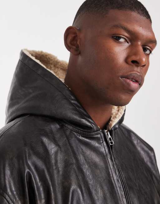ASOS DESIGN - Sort bomber-jakke i imiteret læder med hætte med for i imiteret lammeskind, 5 af 5