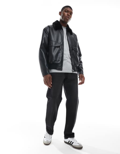 ASOS DESIGN - Sort bomber-jakke i imiteret læder med krave i imiteret pels, 2 af 5