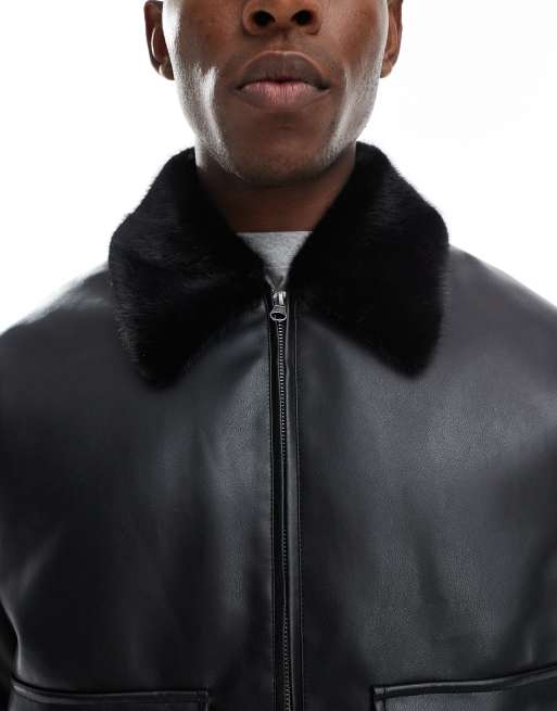 ASOS DESIGN - Sort bomber-jakke i imiteret læder med krave i imiteret pels, 3 af 5