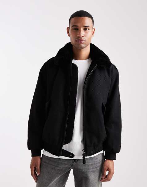 ASOS DESIGN - Sort bomber-jakke i uldblanding med imiteret pelskrave - view 1