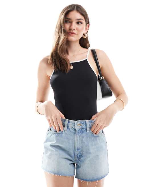 ASOS DESIGN - Sort cami-bodystocking med hvide kanter