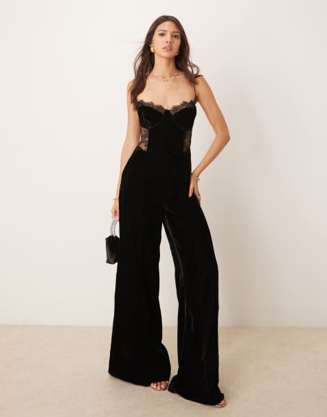 ASOS DESIGN - Sort cami-jumpsuit med blondeindsatser i velour - view 1