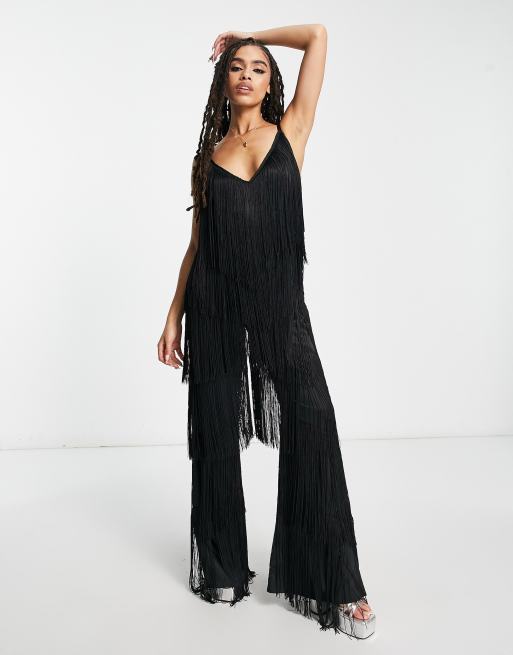 ASOS DESIGN - Sort cami-jumpsuit med frynser