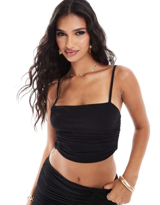 ASOS DESIGN - Sort cami-top med rynker i mesh - Del af sæt