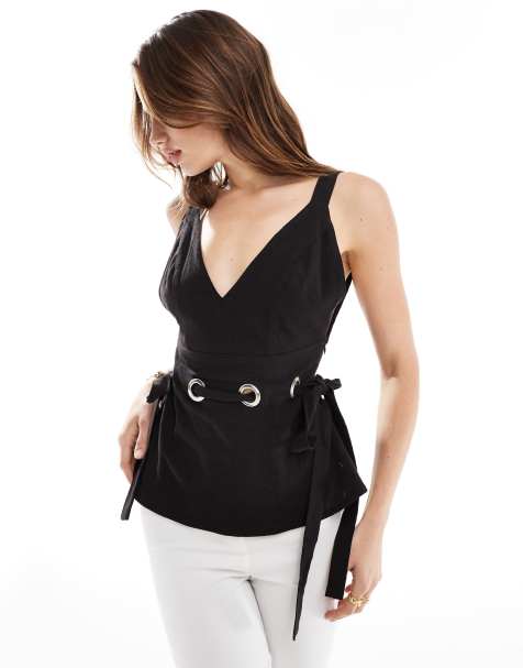 ASOS DESIGN - Sort cami-top med snørehulsdetaljer i hør - view 1
