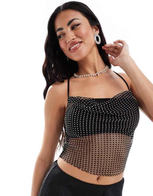ASOS DESIGN - Sort cami-top med vandfaldsudskæring og hotfix-udsmykning i fiskenet