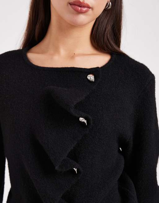 ASOS DESIGN - Sort cardigan med knapstolpe med flæser, 3 af 4