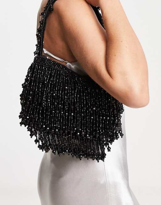 ASOS DESIGN - Sort clutch-skuldertaske med perlefrynser
