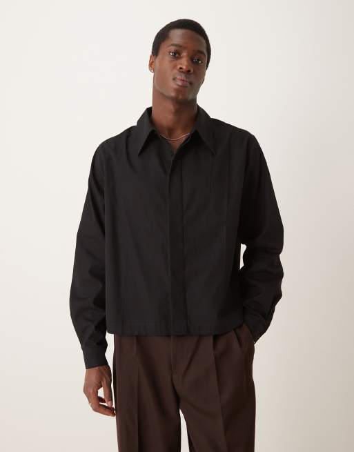 ASOS DESIGN - Sort cropped poplin-skjorte med 70'er-inspireret krave i firkantet pasform