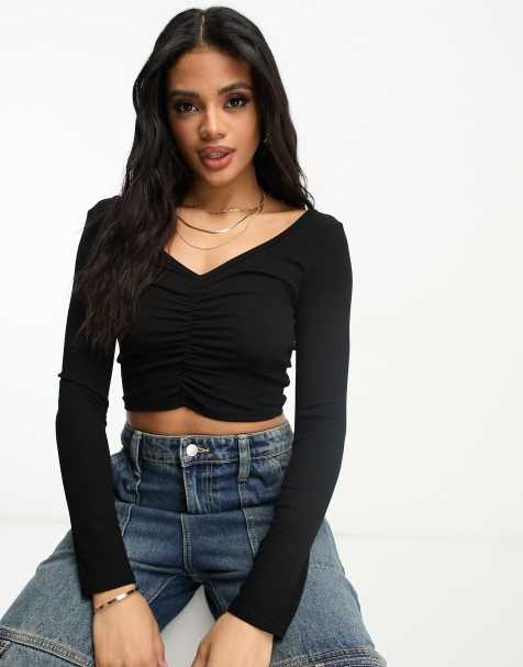 ASOS DESIGN - Sort croptop med rynket v-front og -ryg - view 1