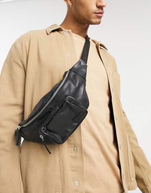 ASOS DESIGN - Sort crossbody-bæltetaske i læder med lomme foran