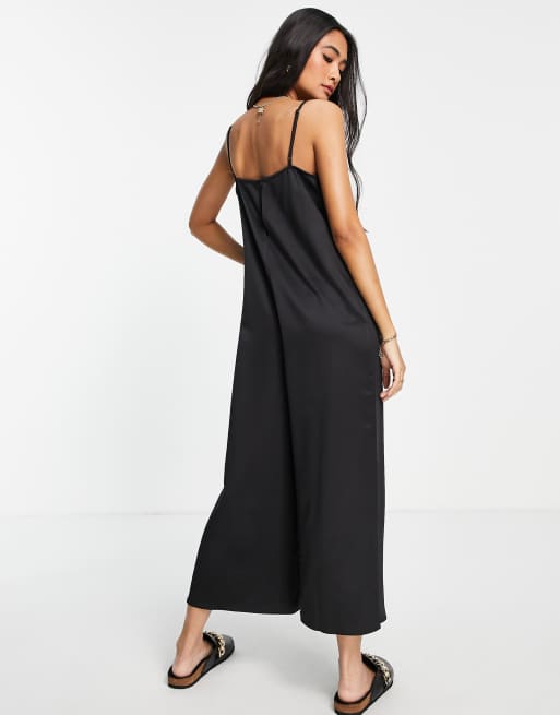 ASOS DESIGN - Sort culotte-jumpsuit i satin med cami-detalje og blondeindsats, 3 af 4