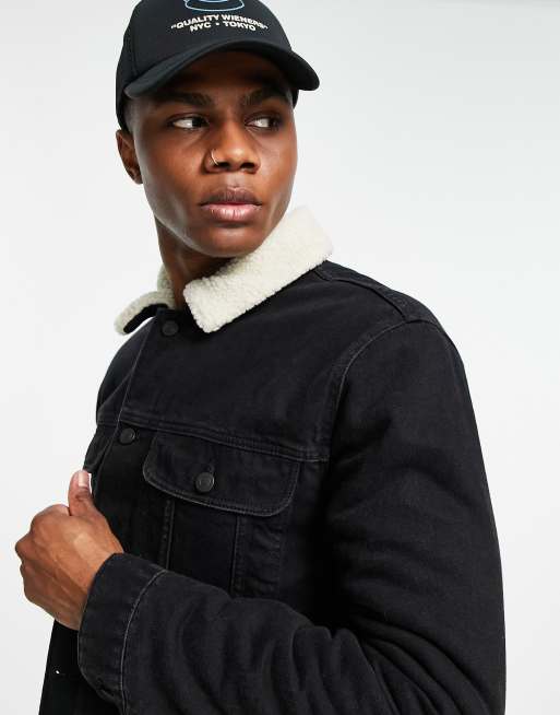 ASOS DESIGN - Sort denimjakke med ecrufarvet for i imiteret lammeskind, 3 af 4