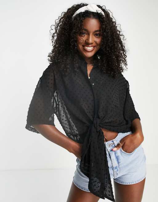 ASOS DESIGN - Sort dobby-skjorte med bindebånd foran