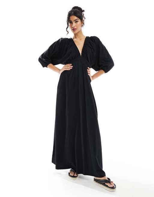 ASOS DESIGN - Sort elastisk tea-midikjole med plunge og rynket talje