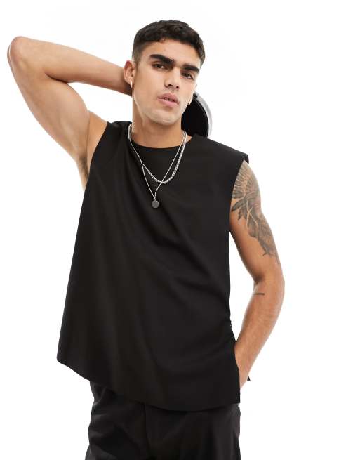 ASOS DESIGN - Sort, elegant og smal overdel med rund hals uden ærmer - Del af sæt