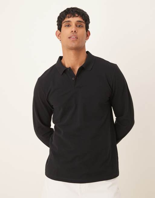 ASOS DESIGN - Sort elegant polo med lange ærmer i piqué