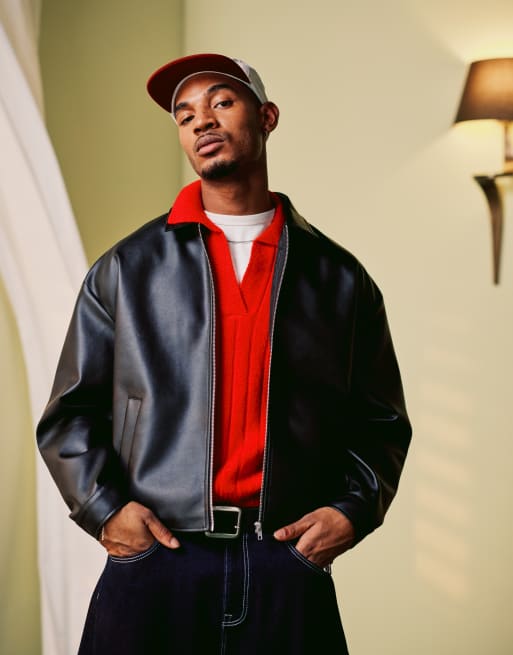 ASOS DESIGN - Sort firkantet oversized harrington-jakke i imiteret læder