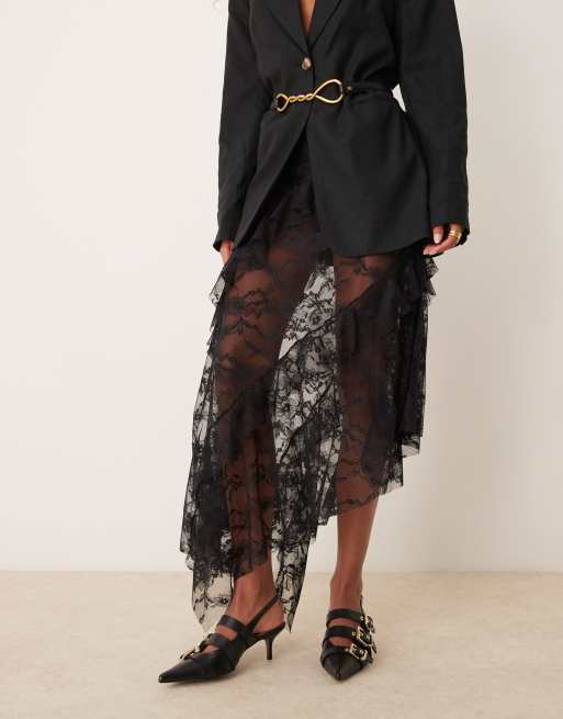 ASOS DESIGN - Sort flagrende midinederdel med flæser og asymmetrisk kant i blondestof, 3 af 5