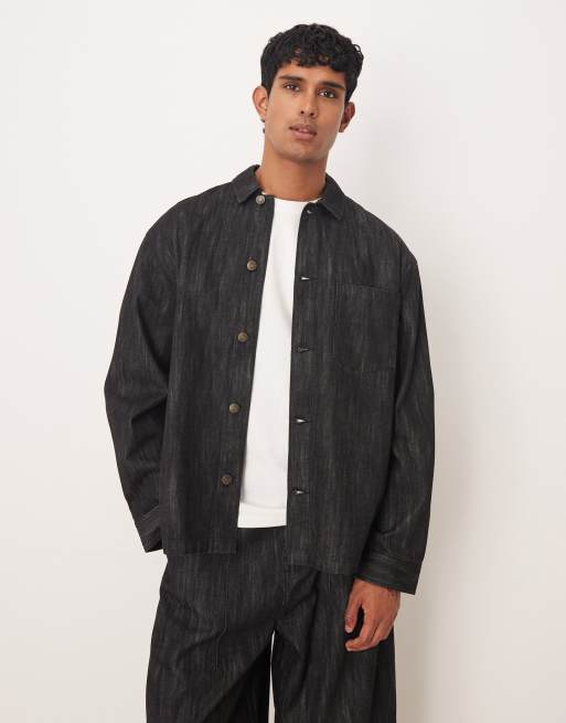 ASOS DESIGN - Sort forvasket overskjorte i denim i firkantet pasform - Del af sæt