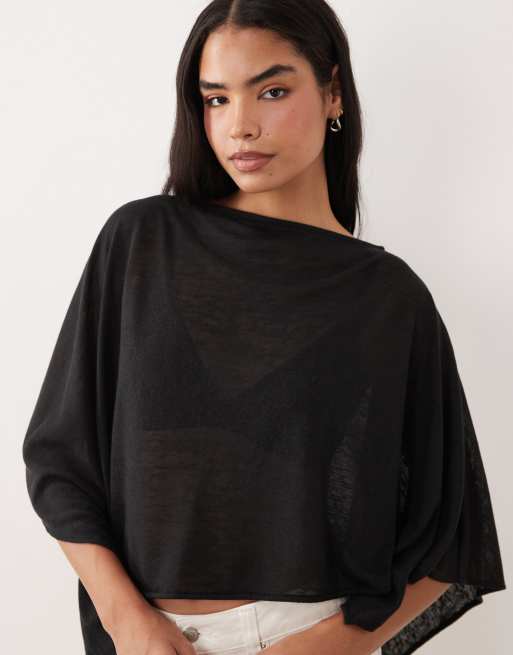 ASOS DESIGN - Sort gennemsigtig kappe-top i nistret strik med asymmetrisk snit, 4 af 4