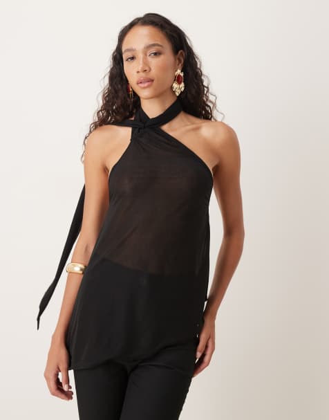 ASOS DESIGN - Sort gennemsigtig løstsiddende top med tørklædedetalje og asymmetrisk snit - view 1
