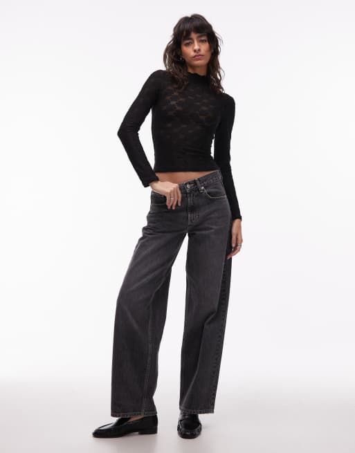 ASOS DESIGN - Sort gennemsigtig overdel med lange ærmer og blomsterblonder, 4 af 4