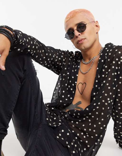 ASOS DESIGN - Sort gennemsigtig skjorte med opslået krave og broderede stjerner