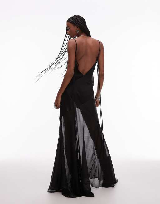 ASOS DESIGN - Sort gennemsigtig slip-maxikjole med gennemsigtigt panel i satin, 4 af 4