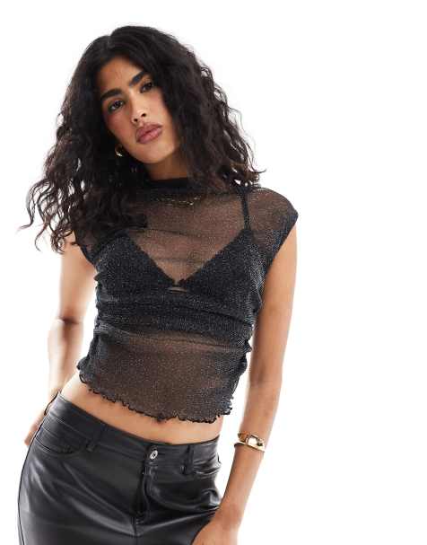 ASOS DESIGN - Sort gennemsigtig tanktop med glimmer og høj hals samt rynker i siden - view 1