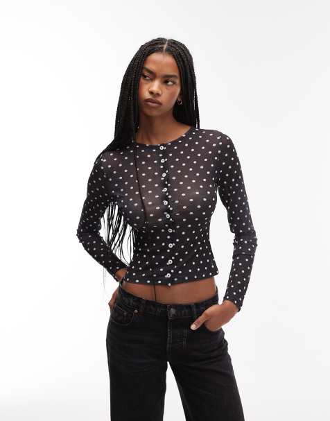 ASOS DESIGN - Sort gennemsigtig tætsiddende top med polkaprikker og knapper - view 1