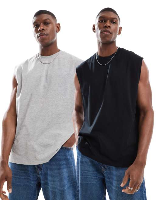 ASOS DESIGN - Sort, gråmeleret og oversized tanktop i pakke med 2