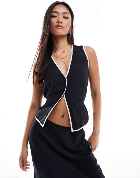 ASOS DESIGN - Sort habitvest med kontrasterende kantbånd i hørblanding - Del af sæt - view 1
