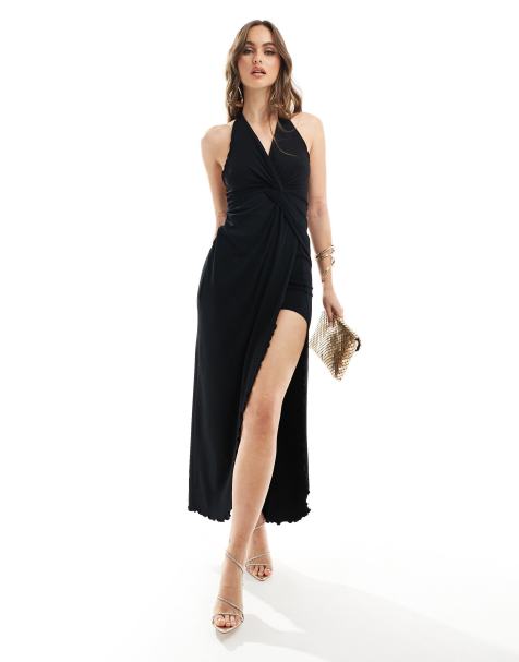 ASOS DESIGN - Sort halterneck-maxikjole med plunge og bølgekant samt snoede detaljer - view 1
