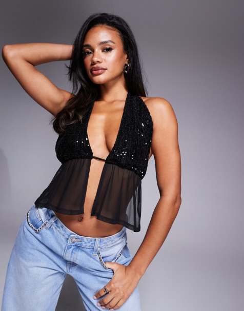 ASOS DESIGN - Sort halterneck-top i pailletstof og mesh - view 1