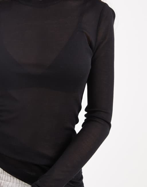 ASOS DESIGN - Sort halvgennemsigtig top med lange ærmer, 3 af 4