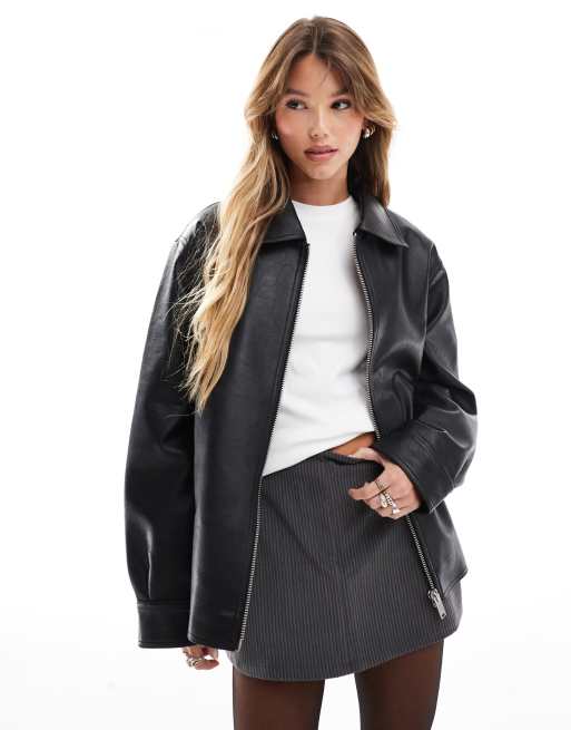 ASOS DESIGN - Sort Harrington-jakke med lynlås foran i læderlook