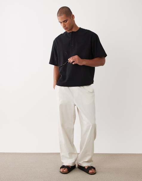 ASOS DESIGN - Sort henley-skjorte i hørlook i firkantet pasform - view 1