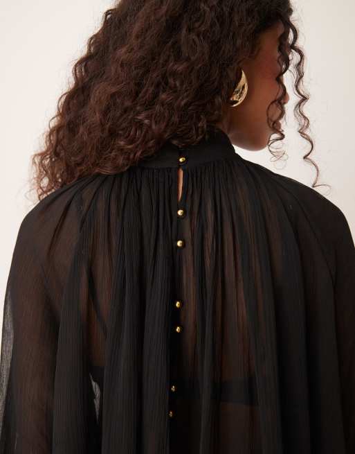 ASOS DESIGN - Sort højhalset langærmet kittelbluse med guldfarvede knapper, 2 af 4