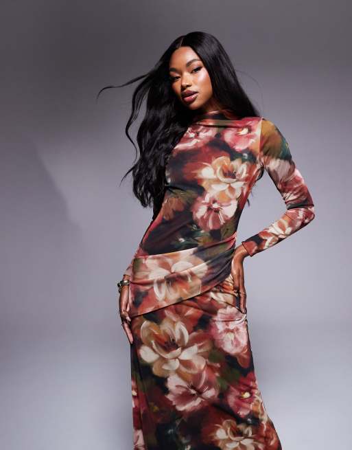ASOS DESIGN - Sort højhalset maxikjole med lange ærmer og blomstermønster