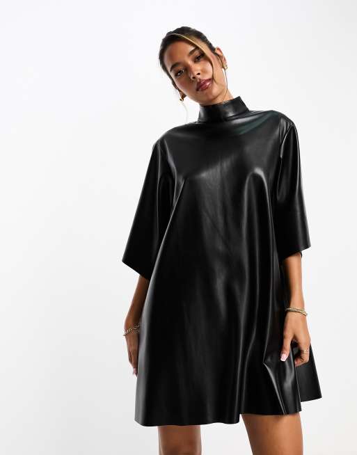 ASOS DESIGN - Sort højhalset T-shirt-kjole i læderlook, 2 af 4