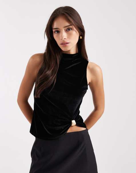 ASOS DESIGN - Sort højhalset top med asymmetrisk kant i velour - view 1