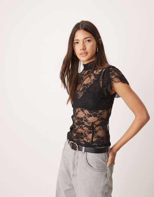 ASOS DESIGN - Sort højhalset top med blondeærmer og keyhole-detalje bagpå