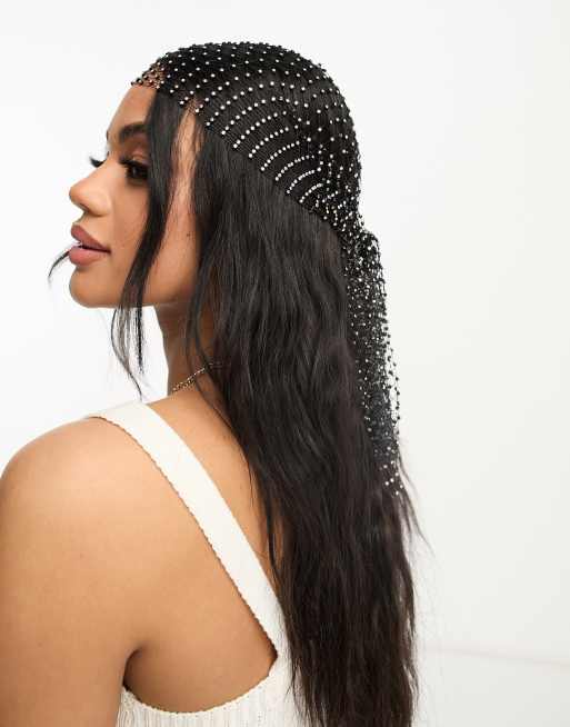 ASOS DESIGN - Sort hovedtørklæde med rhinsten i fiskenet-mesh