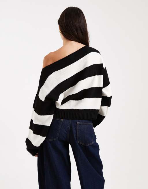 ASOS DESIGN - Sort/hvid strikket oneshoulder-trøje, 2 af 4